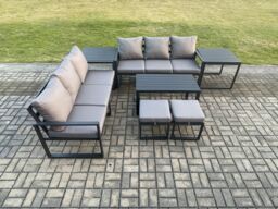Fimous Aluminium Patio Outdoor Garden Furniture Lounge Sofa Set with Oblong Coffee Table 2 Small Footstools 2 Side Tables Dark Grey - thumbnail 2