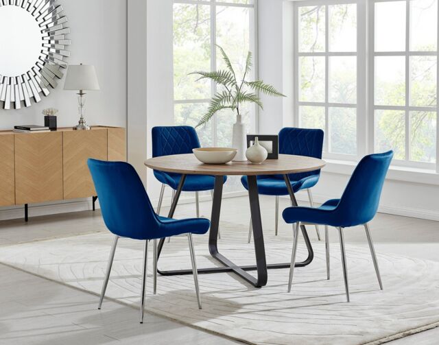 FurnitureboxUK Santorini Brown Round Dining Table & 4/6 Pesaro Silver Leg Chairs in Navy - image 1