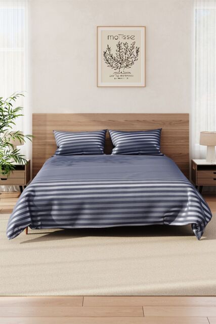 H&O Direct Single-Bed Polyester Striped Duvet Cover Set in Grey - Size: Single - image 1