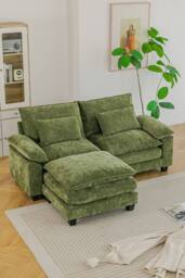 Living and Home Chenille Sectional Sofa with Ottoman and Lumbar Pillows in Green - thumbnail 4