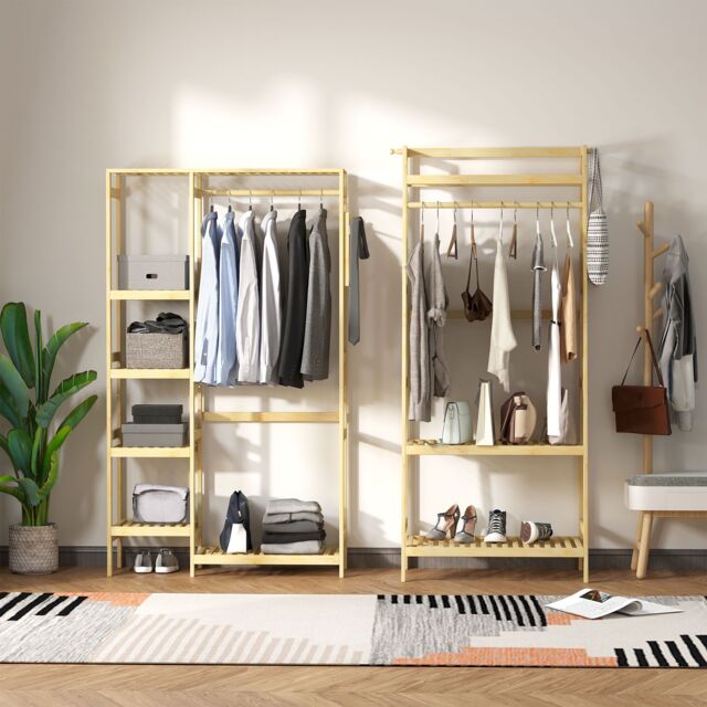 HOMCOM Coat Rack Bamboo Garment Rack with Storage Shelf Hanging Rail in Light Brown - image 1