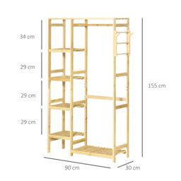 HOMCOM Coat Rack Bamboo Garment Rack with Storage Shelf Hanging Rail in Light Brown - thumbnail 3