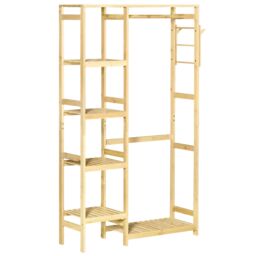 HOMCOM Coat Rack Bamboo Garment Rack with Storage Shelf Hanging Rail in Light Brown - thumbnail 2