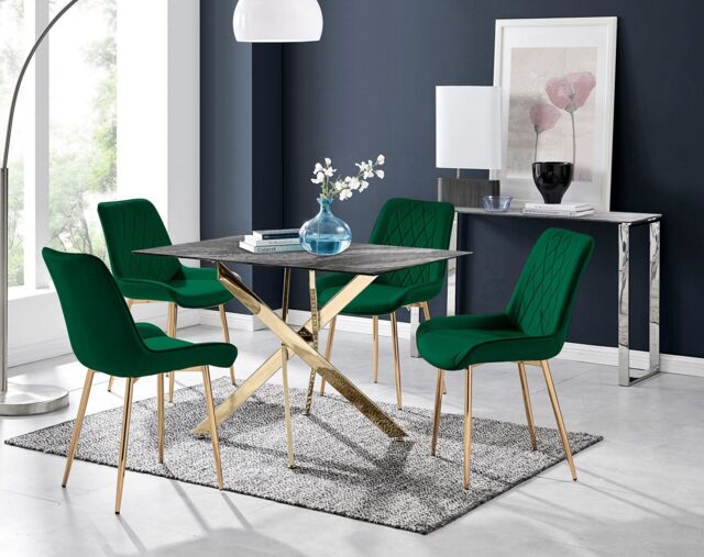 FurnitureboxUK Leonardo Grey Glass Marble Effect Gold Leg Table & 4 Pesaro Gold Leg Chairs in Green - image 1