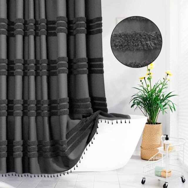 INHOUSOLU HOME DECOR Blue Bathroom Shower Curtain 72x72in Boho Tufted Textured Striped Tassel in Grey - image 1