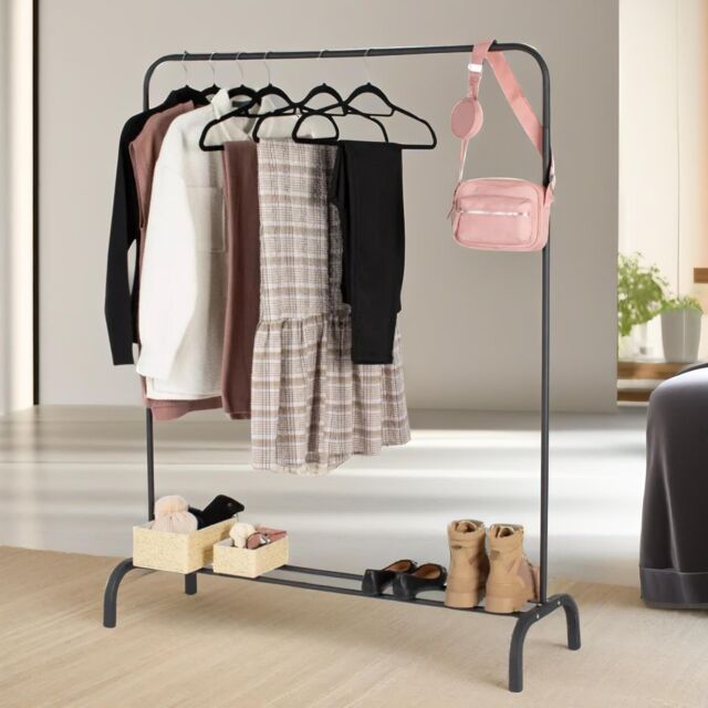 FURNOS Heavy Duty Metal Clothing Rail With Storage Shelf in Black - image 1
