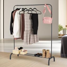 FURNOS Heavy Duty Metal Clothing Rail With Storage Shelf in Black - thumbnail 1