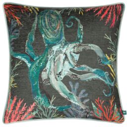 Wylder Tropics Abyss Octopus Abstract Piped Cushion in Dark Grey - Size: 43 cm x 43 cm