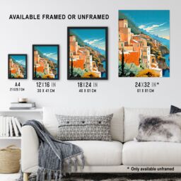 Artery8 Amalfi Coast Artwork Italy Cliffside Villages Overlooking Azure Mediterranean Sea Extra Large XL Unframed Wall Art Poster Print - thumbnail 3