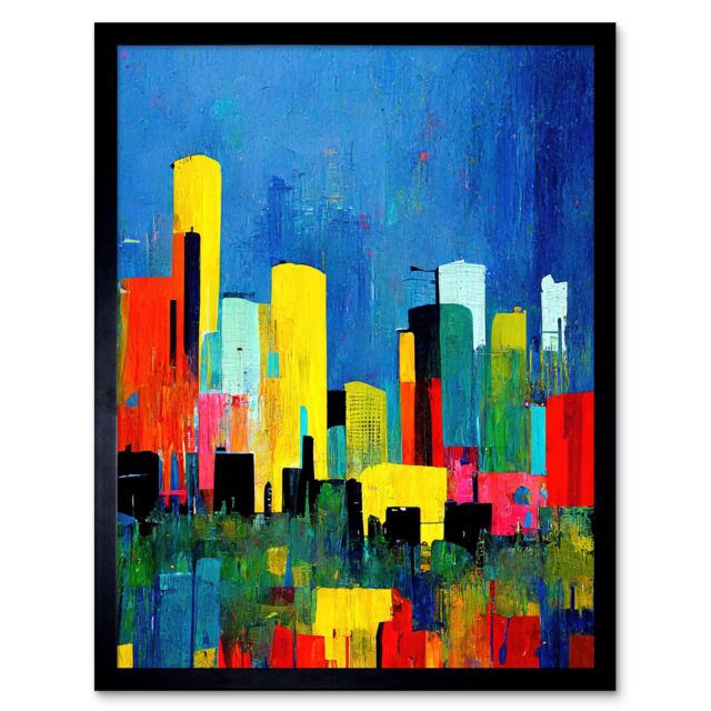 "Artery8 Wall Art Print Abstract Bright Midcentury Style Colourful Cityscape Skyline Painting Blue Red Yellow Teal Art Framed - Size: W12"" x H16""" - image 1
