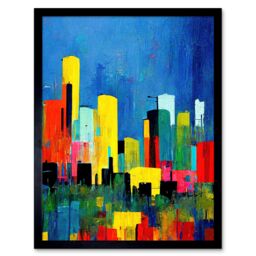 "Artery8 Wall Art Print Abstract Bright Midcentury Style Colourful Cityscape Skyline Painting Blue Red Yellow Teal Art Framed - Size: W12"" x H16""" - thumbnail 1