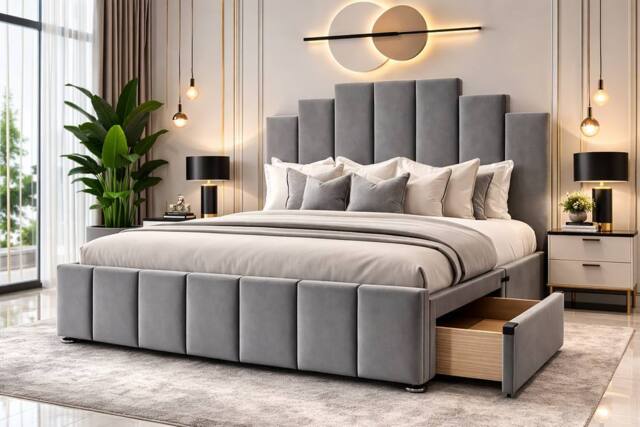 PARADISE BEDS LTD PLUSH VELVET DIVAN BED SET WITH HEADBOARD & DRAWERS in Grey - Size: Small Double - image 1