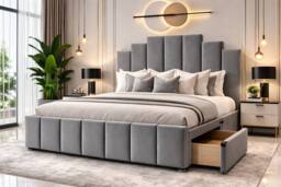 PARADISE BEDS LTD PLUSH VELVET DIVAN BED SET WITH HEADBOARD & DRAWERS in Grey - Size: Small Double - thumbnail 1
