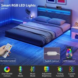 HOMCOM Floating Bed Frame with RGB Lights, Upholstered Bed Frame, Grey - Size: Single - thumbnail 6