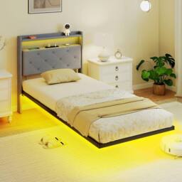 HOMCOM Floating Bed Frame with RGB Lights, Upholstered Bed Frame, Grey - Size: Single