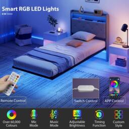HOMCOM Floating Bed Frame with RGB Lights, Upholstered Bed Frame, Grey - Size: Single - thumbnail 5