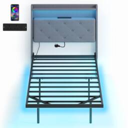 HOMCOM Floating Bed Frame with RGB Lights, Upholstered Bed Frame, Grey - Size: Single - thumbnail 2