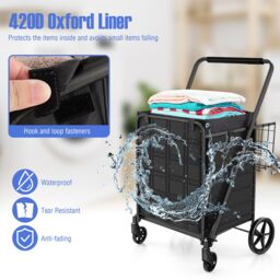 Gymax Folding Shopping Cart 126L Portable Grocery Cart With Waterproof Liner in Black - thumbnail 5