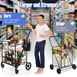 Gymax Folding Shopping Cart 126L Portable Grocery Cart With Waterproof Liner in Black - thumbnail 4