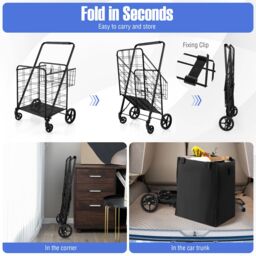 Gymax Folding Shopping Cart 126L Portable Grocery Cart With Waterproof Liner in Black - thumbnail 8