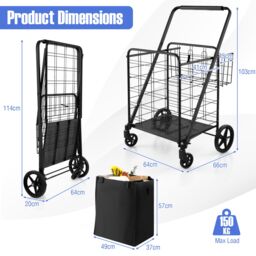 Gymax Folding Shopping Cart 126L Portable Grocery Cart With Waterproof Liner in Black - thumbnail 2