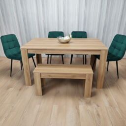 KOSY KOALA Oak Effect Dining Table Set With 4 Green Velvet Chairs & Bench Dining Room Furniture in Brown - thumbnail 2