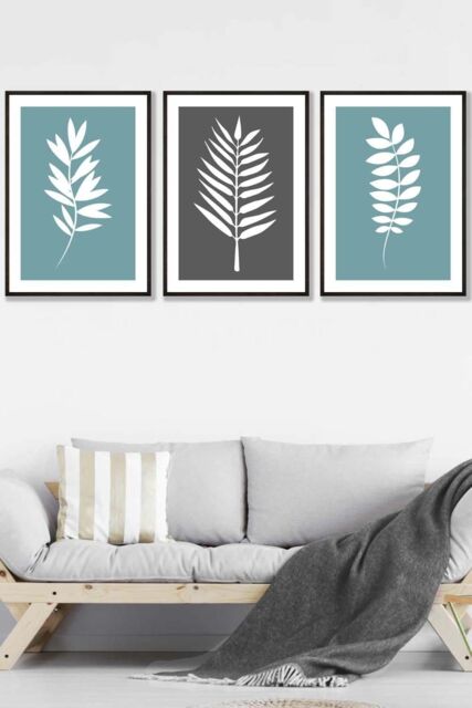 ARTZE Set of 3 Black Framed Blue Grey Graphical Leaves Wall Art in Duck Egg Blue - Size: W33 cm x H45 cm x D20mm - image 1