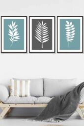 ARTZE Set of 3 Black Framed Blue Grey Graphical Leaves Wall Art in Duck Egg Blue - Size: W33 cm x H45 cm x D20mm - thumbnail 1