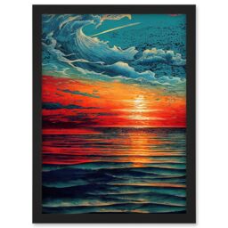 Artery8 Seascape Scarlet Sunrise Fiery Horizon Clouds Artwork Framed Wall Art Print A4 in Black - thumbnail 1