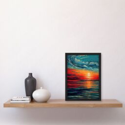 Artery8 Seascape Scarlet Sunrise Fiery Horizon Clouds Artwork Framed Wall Art Print A4 in Black - thumbnail 2