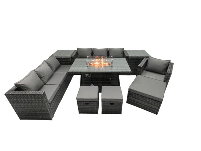 Fimous Rattan Garden Furniture Firepit Dining Set 10 Seater Lounge Sofa Table Set with 2 side table 3 Footstool in Dark Grey - image 1