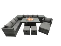 Fimous Rattan Garden Furniture Firepit Dining Set 10 Seater Lounge Sofa Table Set with 2 side table 3 Footstool in Dark Grey - thumbnail 1