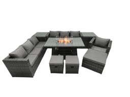 Fimous Rattan Garden Furniture Firepit Dining Set 10 Seater Lounge Sofa Table Set with 2 side table 3 Footstool in Dark Grey - thumbnail 2