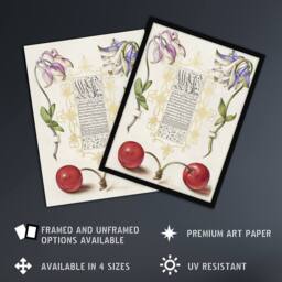"Artery8 Columbines & Sweet Cherries Calligraphy Wall Art Poster Print in White - Size: W18"" x H24""" - thumbnail 2