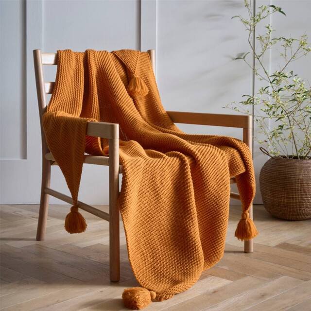 Portfolio Home Copenhagen Knitted Tassels Throwover Bed Throw Blanket 127 x 152cm in Orange - Size: 127 cm x 152 cm - image 1