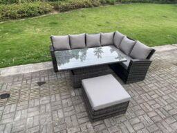 Fimous 7 Seater Rattan High Back Adjustable Rising Lifting Dining Table Corner Sofa Set Garden Furniture Right Hand in Dark Grey - thumbnail 2