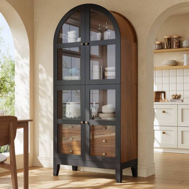 BTM French Style Arched Display Cabinet, 3 Drawers, Black - image 1