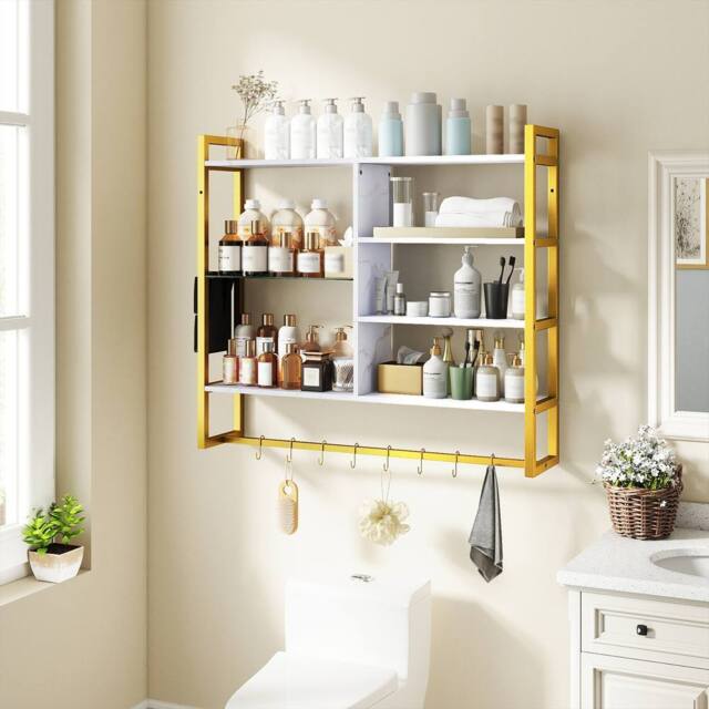 Gymax 107 CM 6-Tier Wall Mounted Shelf With 8 S-Hooks Faux Marble Surface in White - image 1