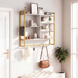 Gymax 107 CM 6-Tier Wall Mounted Shelf With 8 S-Hooks Faux Marble Surface in White - thumbnail 9