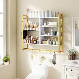 Gymax 107 CM 6-Tier Wall Mounted Shelf With 8 S-Hooks Faux Marble Surface in White - thumbnail 1