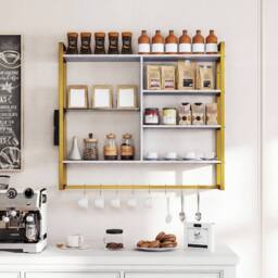 Gymax 107 CM 6-Tier Wall Mounted Shelf With 8 S-Hooks Faux Marble Surface in White - thumbnail 6