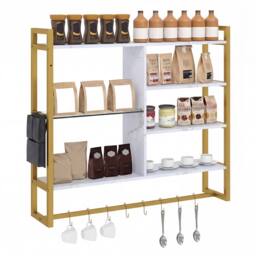 Gymax 107 CM 6-Tier Wall Mounted Shelf With 8 S-Hooks Faux Marble Surface in White - thumbnail 4