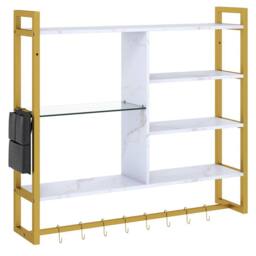 Gymax 107 CM 6-Tier Wall Mounted Shelf With 8 S-Hooks Faux Marble Surface in White - thumbnail 7