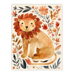 "Artery8 Cute Baby Lion Rustic Floral Watercolour Wall Art Print in Orange - Size: W18"" x H24""" - thumbnail 1