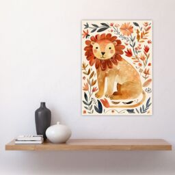 "Artery8 Cute Baby Lion Rustic Floral Watercolour Wall Art Print in Orange - Size: W18"" x H24""" - thumbnail 4