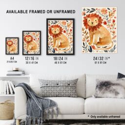 "Artery8 Cute Baby Lion Rustic Floral Watercolour Wall Art Print in Orange - Size: W18"" x H24""" - thumbnail 3