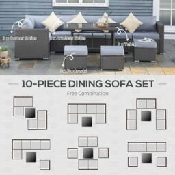 OUTSUNNY 10 Pieces Rattan Sofa Set Outdoor Wicker Furniture with Table Stools Cushions in Grey - thumbnail 4