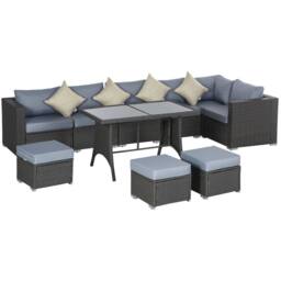 OUTSUNNY 10 Pieces Rattan Sofa Set Outdoor Wicker Furniture with Table Stools Cushions in Grey - thumbnail 2
