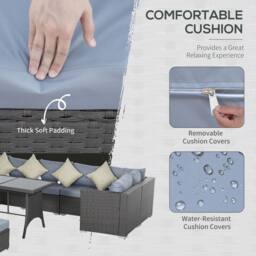 OUTSUNNY 10 Pieces Rattan Sofa Set Outdoor Wicker Furniture with Table Stools Cushions in Grey - thumbnail 6