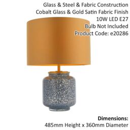 Loops Cobalt Glass Base Table Lamp Light & Gold Fabric Shade - Antique Brass Metalwork in Clear - thumbnail 2